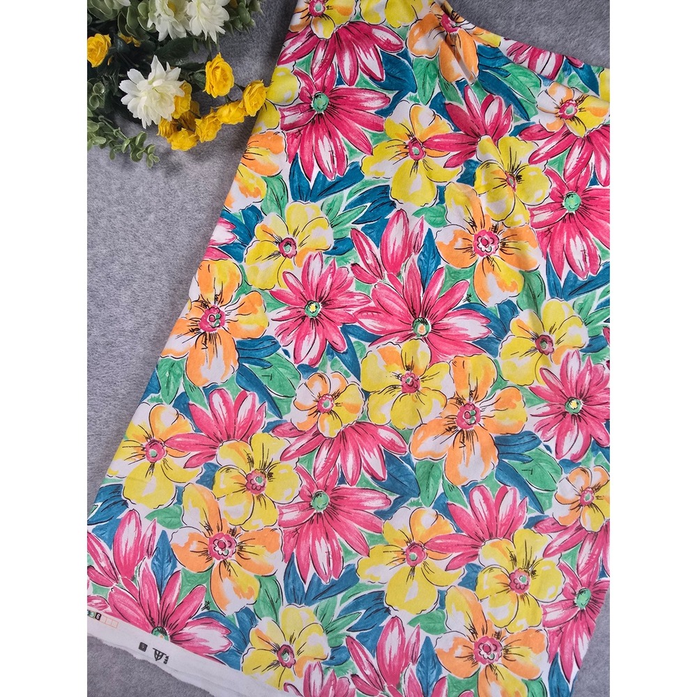 Vintage Floral Tropical Fabric 80s Manes Organization Pink Yellow 60x40 1.6 Yrds